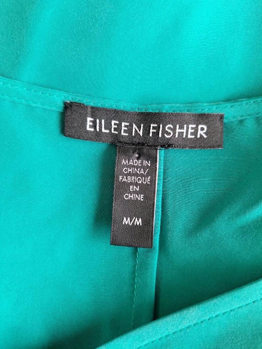 Eileen Fisher Esmerelda Green Washed Silk V-Neck Dress Boxy Fit Women's Size M - Picture 11 of 12